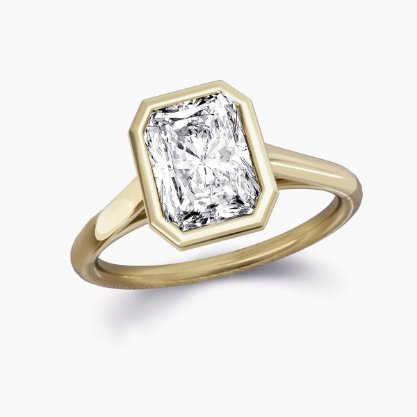 Above view of our Esmee Setting , A Diamond Engagement Ring featuring a radiant cut in a rubover setting.
