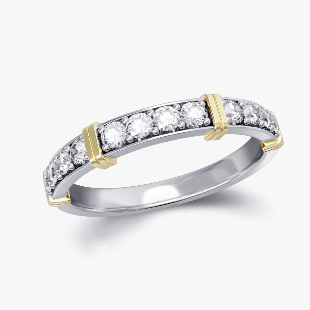 Our four across diamond band featuring gold detailing in platinum,