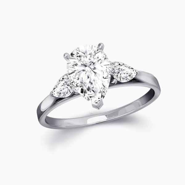 Our Martel Setting is a three stone engagement ring shown here with an pear cut diamond as the centre stone with two pears each side