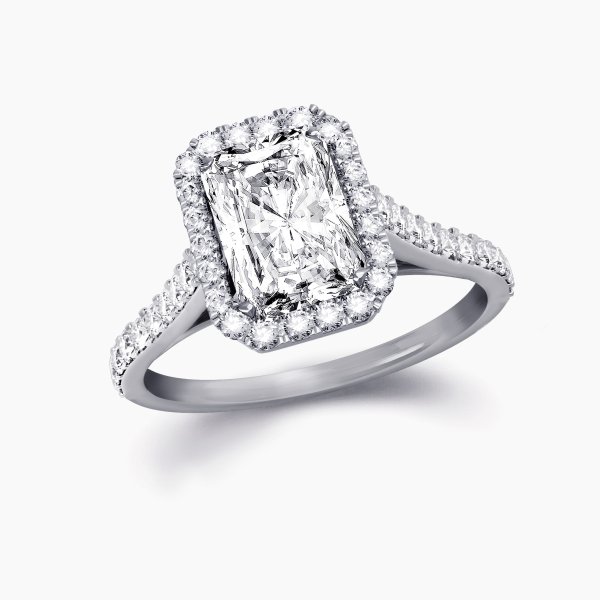 Our Maiden Setting is a Halo Engagement Ring shown here with a radiant cut diamond