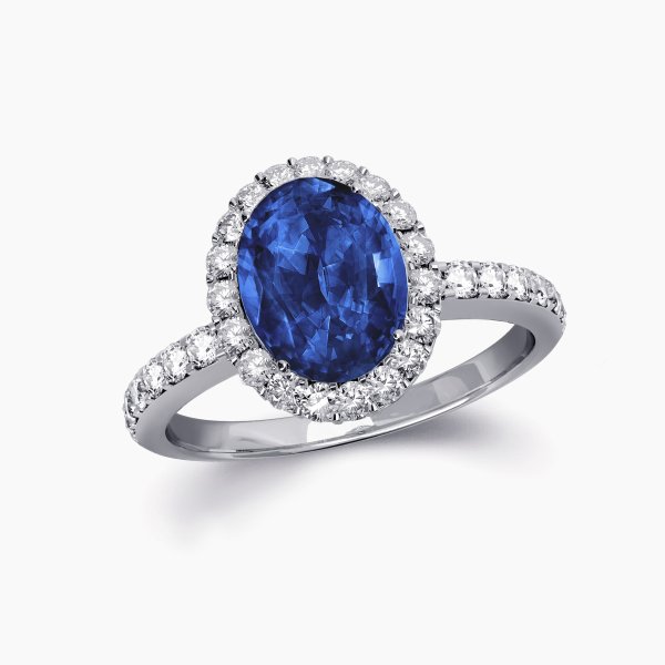 Our Harrison Setting features an oval sapphire set in a halo